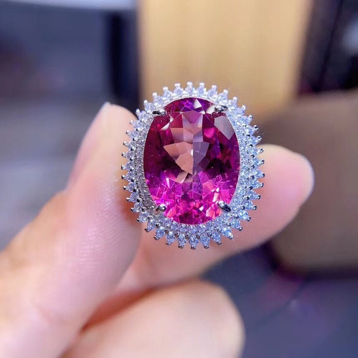 خاتم توباز طبيعي نسائي من الفضة الاسترليني مرصع بوجه خاتم كبير الحجم