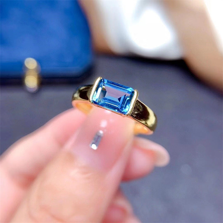 خاتم توباز طبيعي نسائي مطلي فضة عيار 925