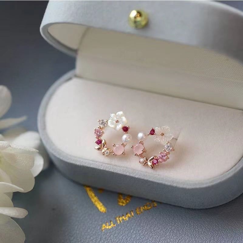 S925 Sterling Silver Fresh Pink Garland Stud Earrings