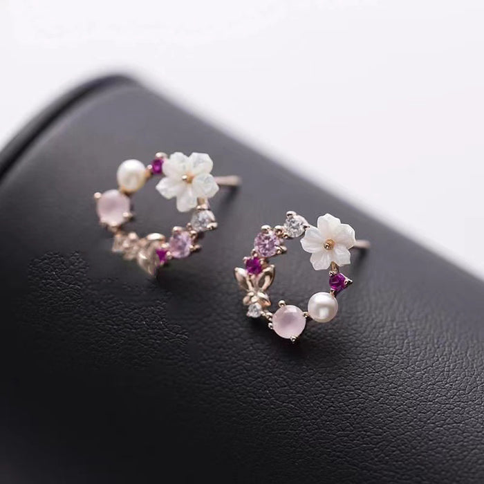 S925 Sterling Silver Fresh Pink Garland Stud Earrings