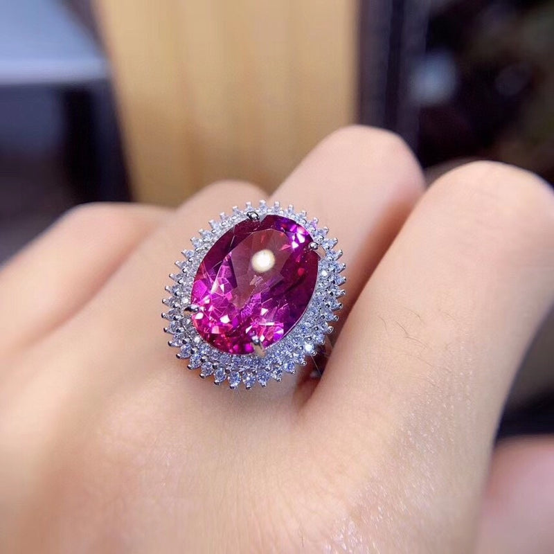 خاتم توباز طبيعي نسائي من الفضة الاسترليني مرصع بوجه خاتم كبير الحجم