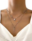 Girl wearing Small Silver Diamond Long Fringe Pendant Necklace