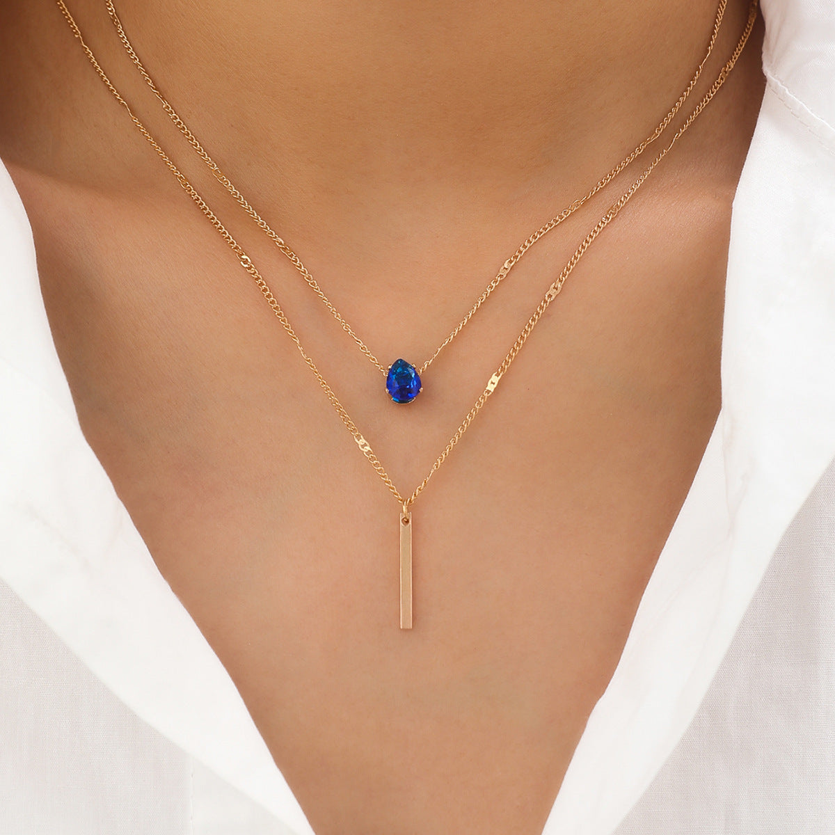 Girl wearing Blue Small Diamond Long Fringe Pendant Necklace