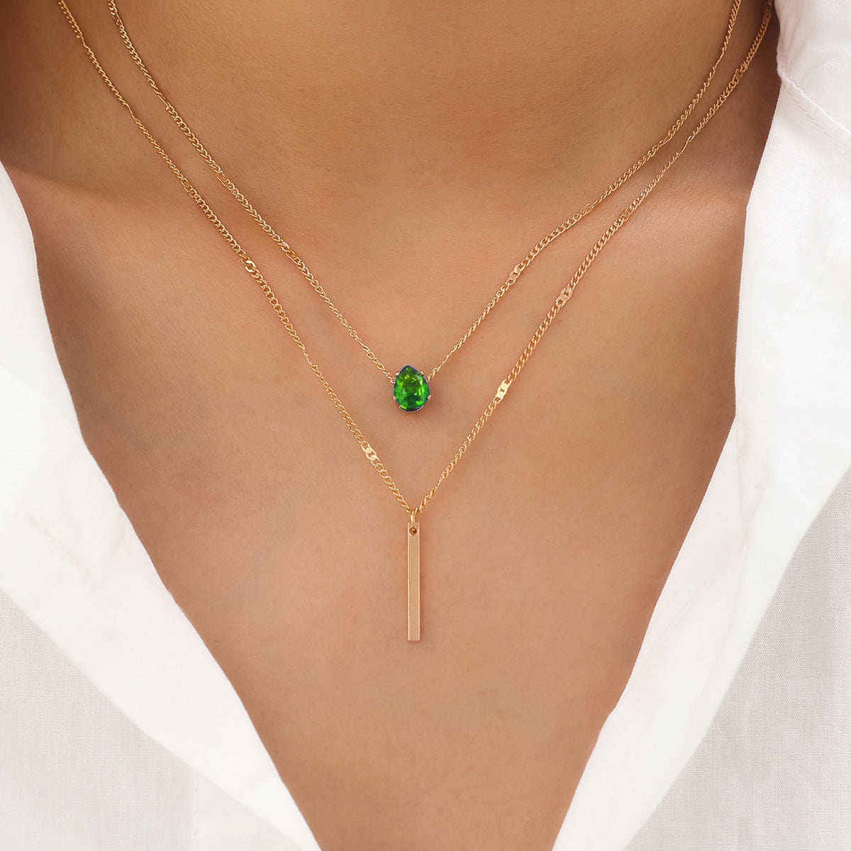 Small Green Diamond Long Fringe Pendant Necklace