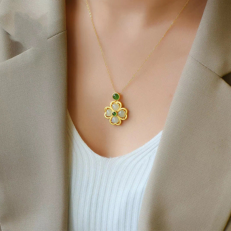 Girl wearing Gold Green Clover Necklace