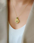 Girl wearing Gold Green Clover Necklace