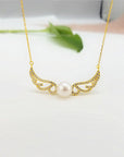 Angel Feather Inlaid Pearl Necklace for Women - Gold Colored