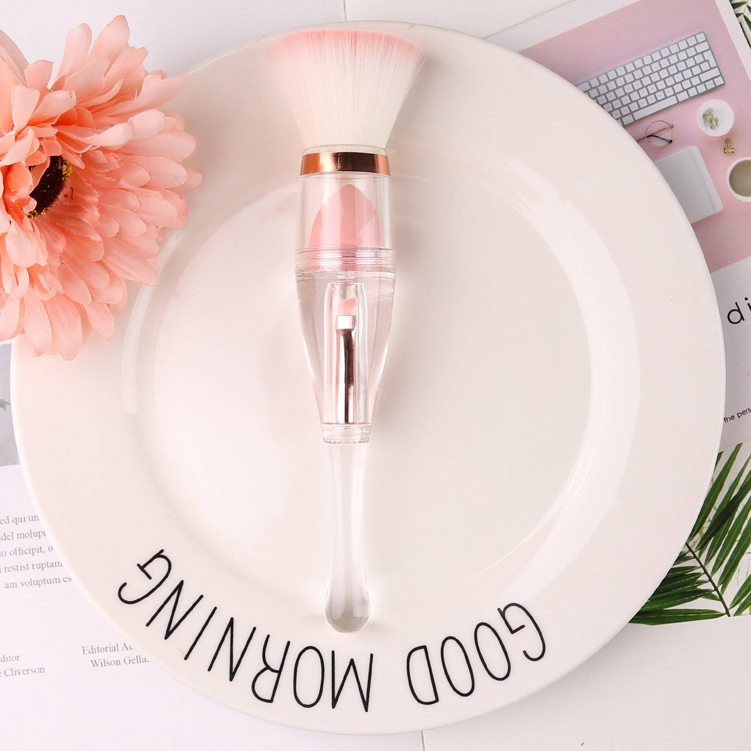 3 in 1 Synthetic Makeup Brush for Beauty over a plate