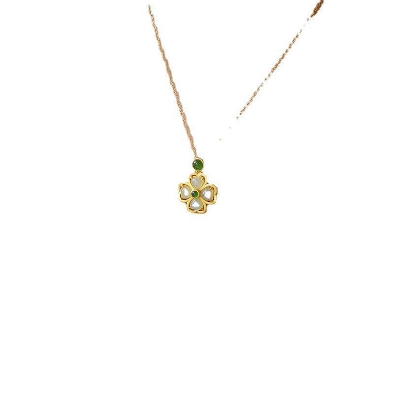 White stone inside - Gold Green Clover Necklace for Women