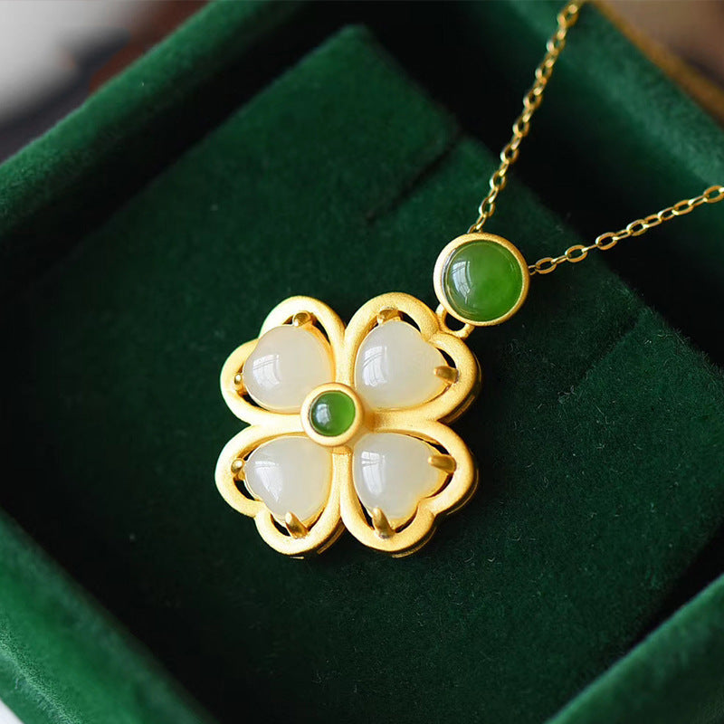 Gold Green Clover Necklace in green box