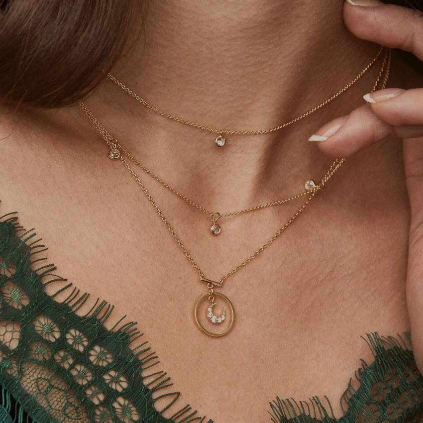 Girl wearing Antique Gold Circle Moon Bohemian Necklace