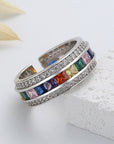 S925 Sterling Silver Light Luxury Set Rainbow Ring Female Colorful Full Diamond