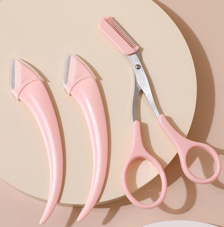 Curved Moon Eyebrow Trimming Knife With Comb in Pink Background