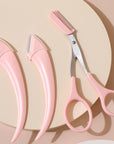 Curved Moon Eyebrow Trimming Knife With Comb in Pink Background