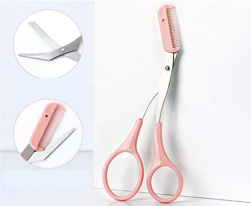 Curved Moon Eyebrow Trimming Knife With Comb - Pink Colored