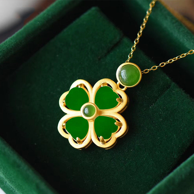 Gold Green Clover Necklace for Women - Green stones inside