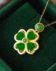 Gold Green Clover Necklace for Women - Green stones inside