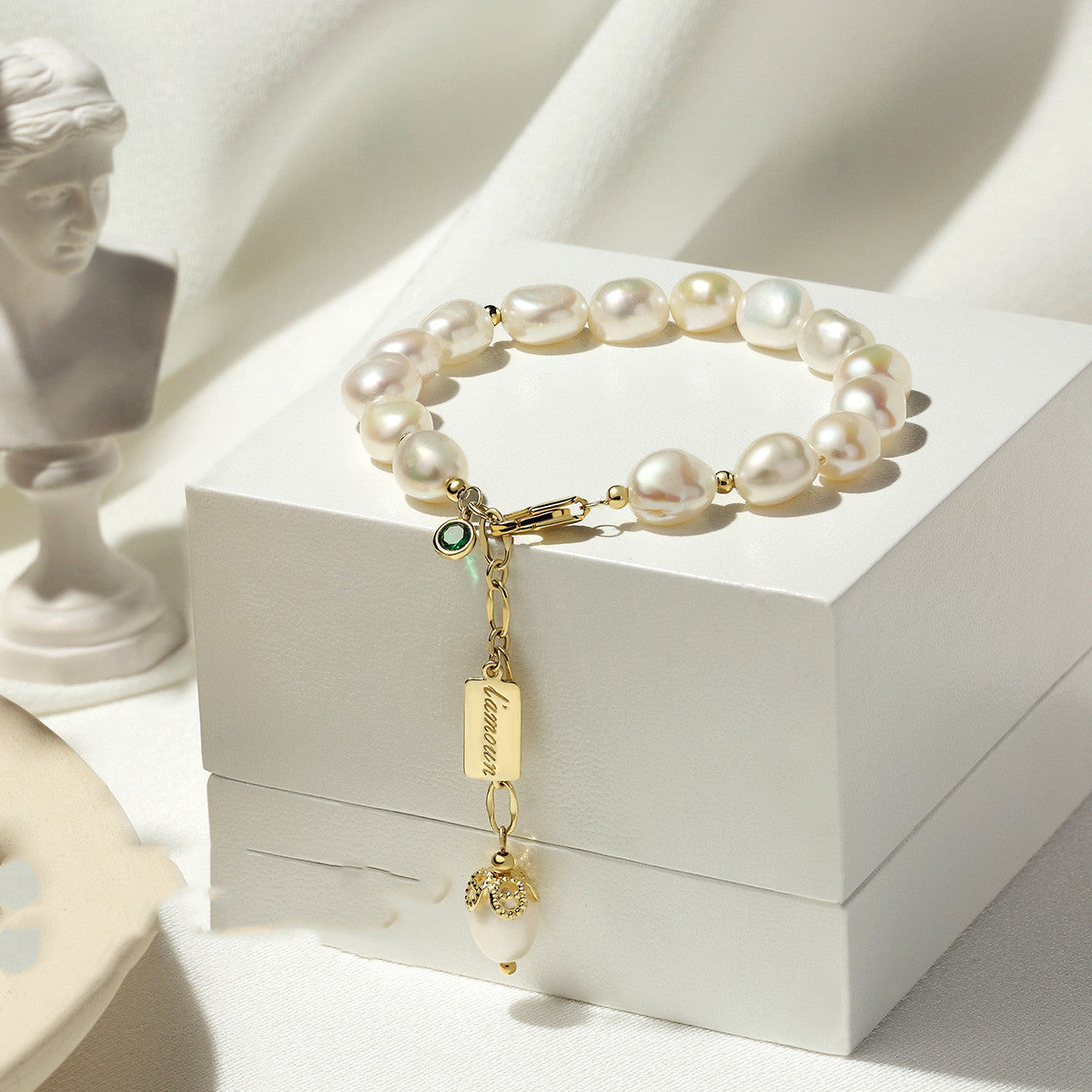 Natural Zircon Pearl Bracelet over a box