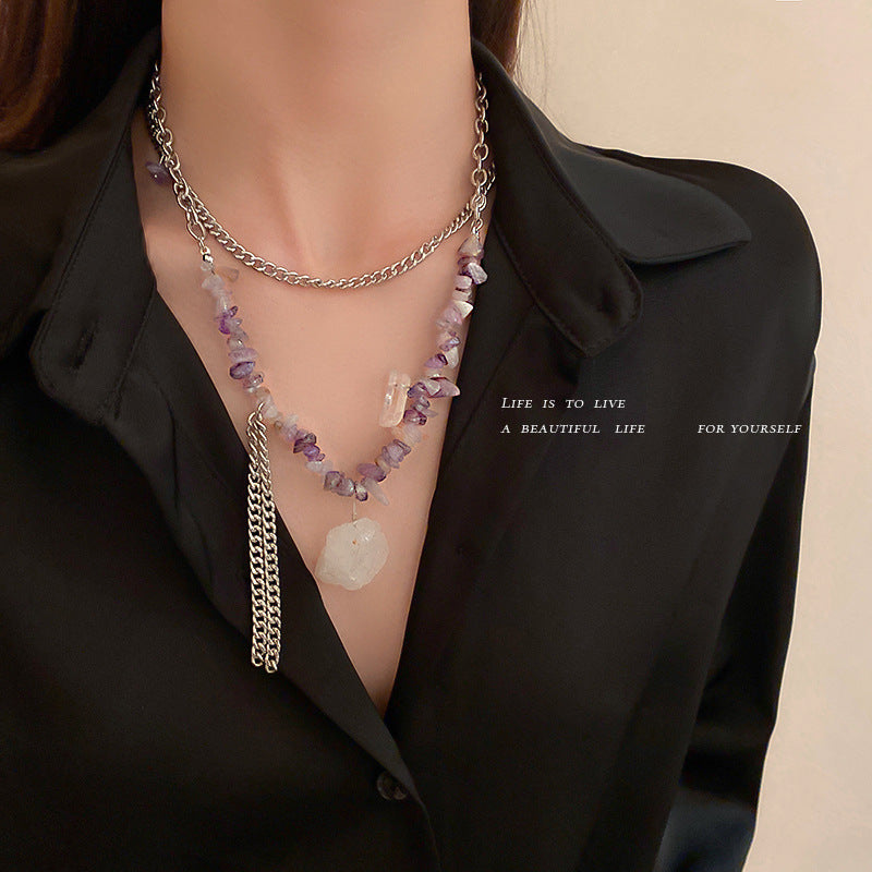 Black dressed woman wearing Korean Purple Stone Necklace