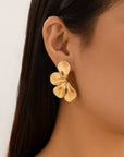 Double Layer Five Petal Flower Earrings Vintage Stripe Leaves