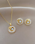 Fashion Jewelry Square Full Diamond Personalized Round Ring Leaves Necklace And Earrings Suite