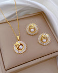 Fashion Jewelry Square Full Diamond Personalized Round Ring Leaves Necklace And Earrings Suite