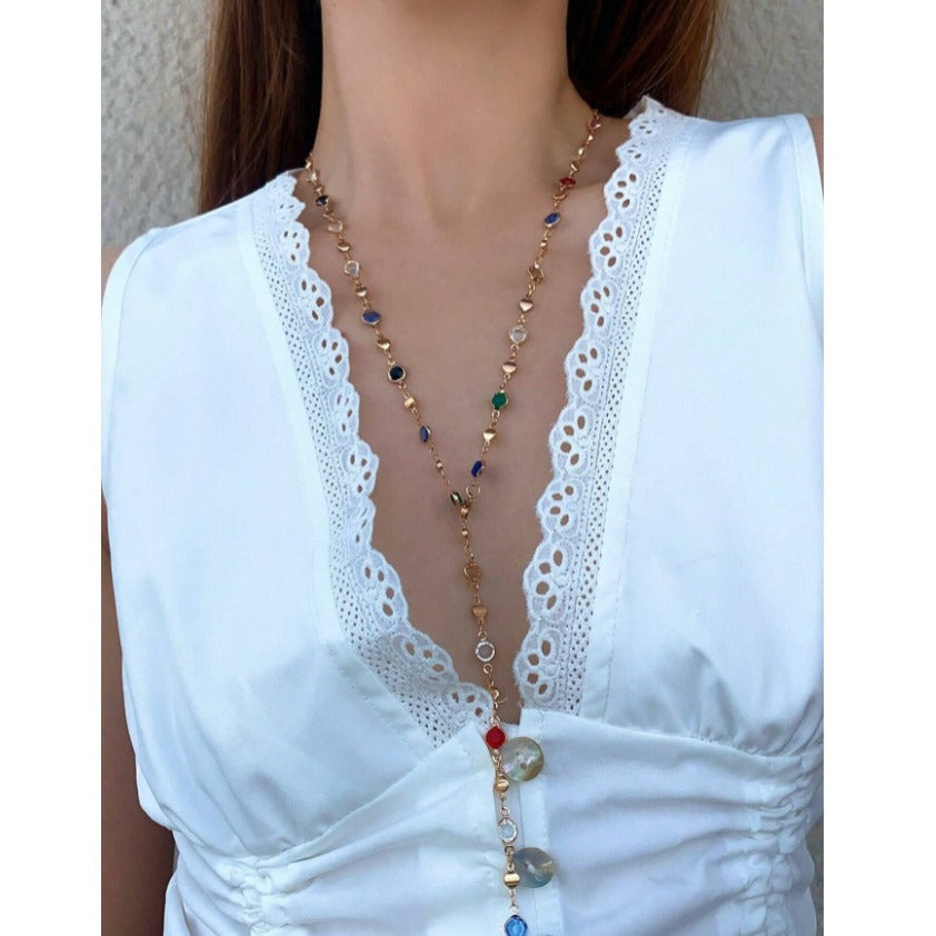 White dressed girl wearing Crystal Metal Clavicle Chain Eye Necklace