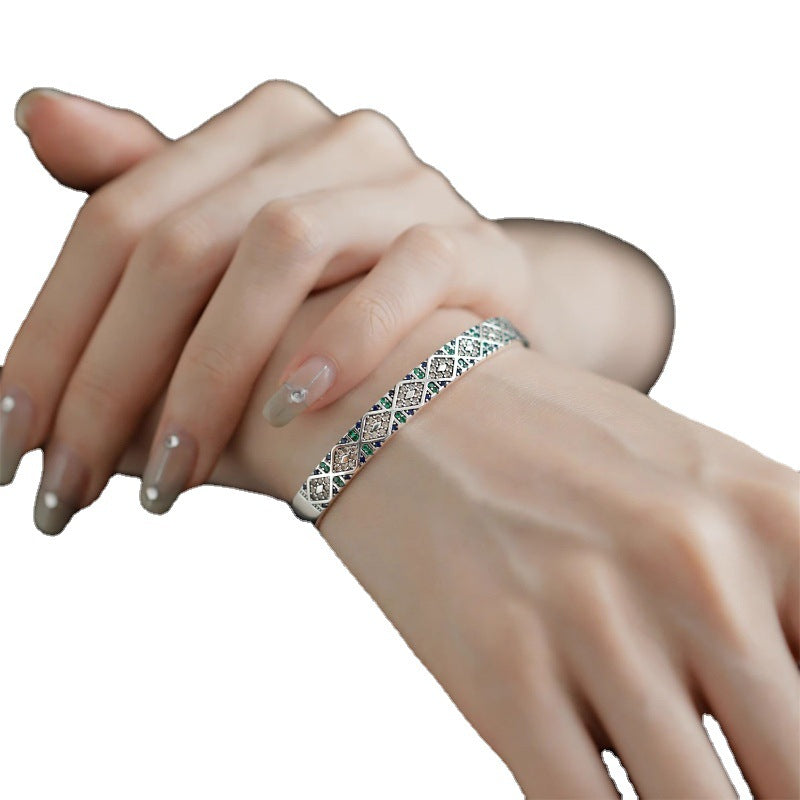 Silver Color Sparkling Zircon Bracelet in beautiful woman's hand