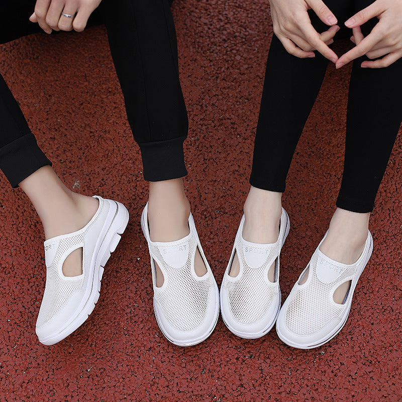 two girls wearing white colored Mesh Shoes Summer Sports Slippers