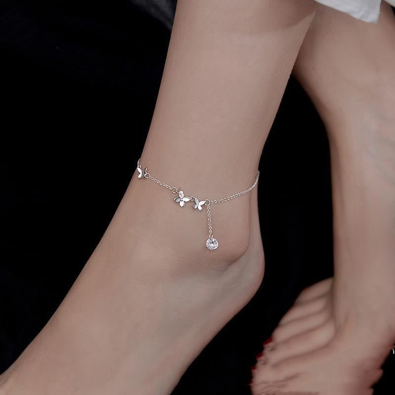 S925 Sterling Silver Butterfly Anklets for Women in women's legs