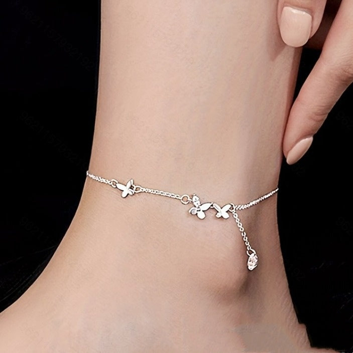 beautiful women wearing S925 Sterling Silver Butterfly Anklets