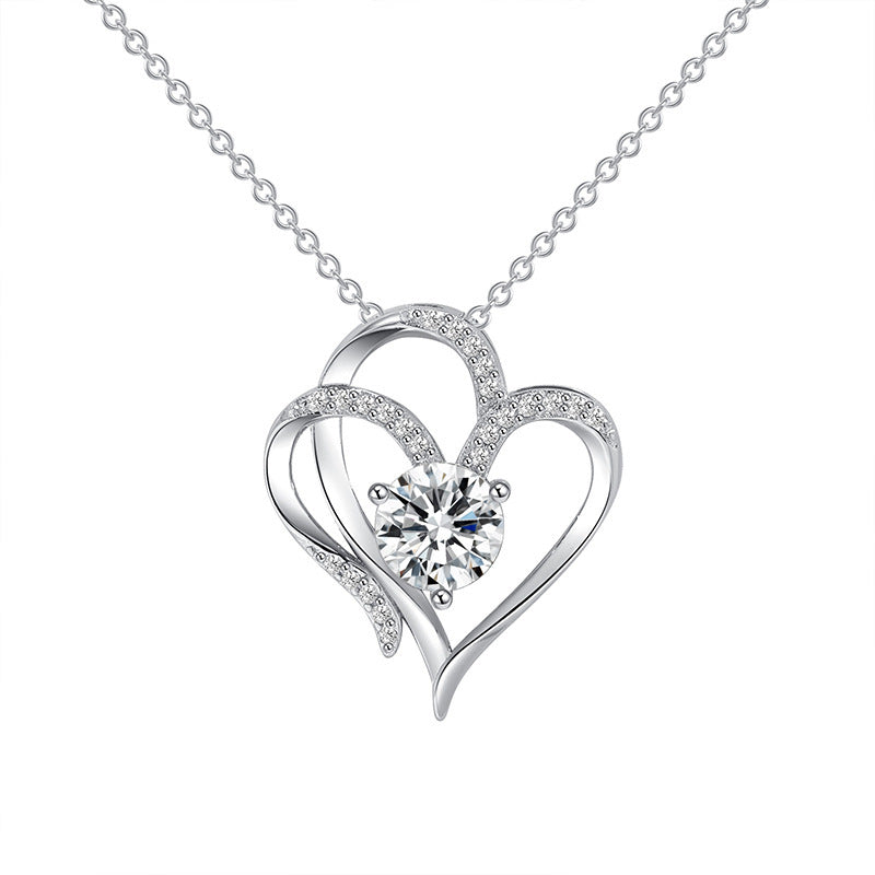 Silver Zircon Double Love Necklace for Women in White Background