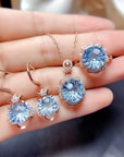 Natural Sky Blue Topaz Set Female Firework Cut Ring Pendant Earrings