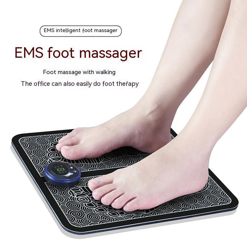 Leg over a Portable Electric Muscle Stimulation Foot Massage Mat