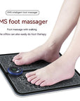 Leg over a Portable Electric Muscle Stimulation Foot Massage Mat