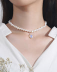 White dressed woman wearing Round Beautiful Pearl Necklace