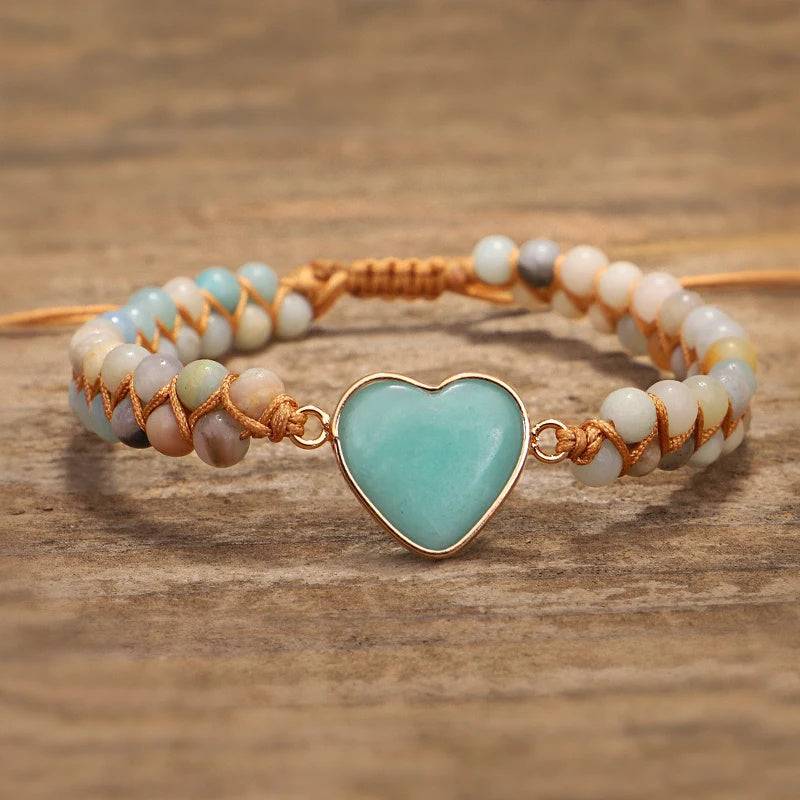 Amazonite String Braided Heart Bracelet with white beads