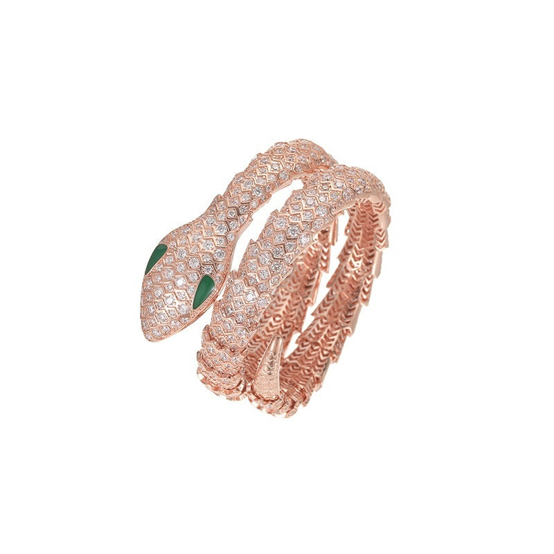 Vintage Green Eyed Snake Bracelet - Rose Gold Colored