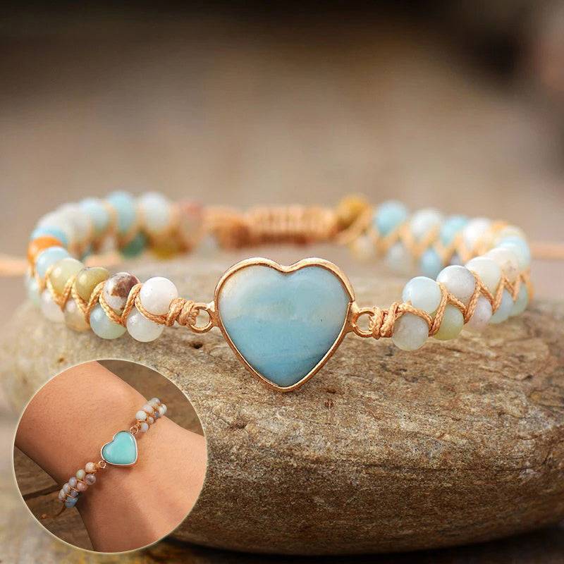 Amazonite String Braided Heart Bracelet over a stone