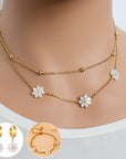 Fashion Jewelry Stainless Steel Flower DaisyFlower Necklace Double Layering Necklace Earrings Jeweley Set